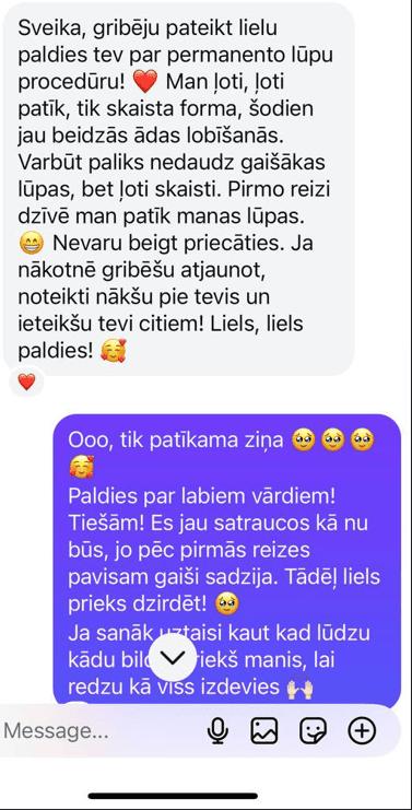 Permanentais grims lūpām — klientes atsauksme Nr. 1